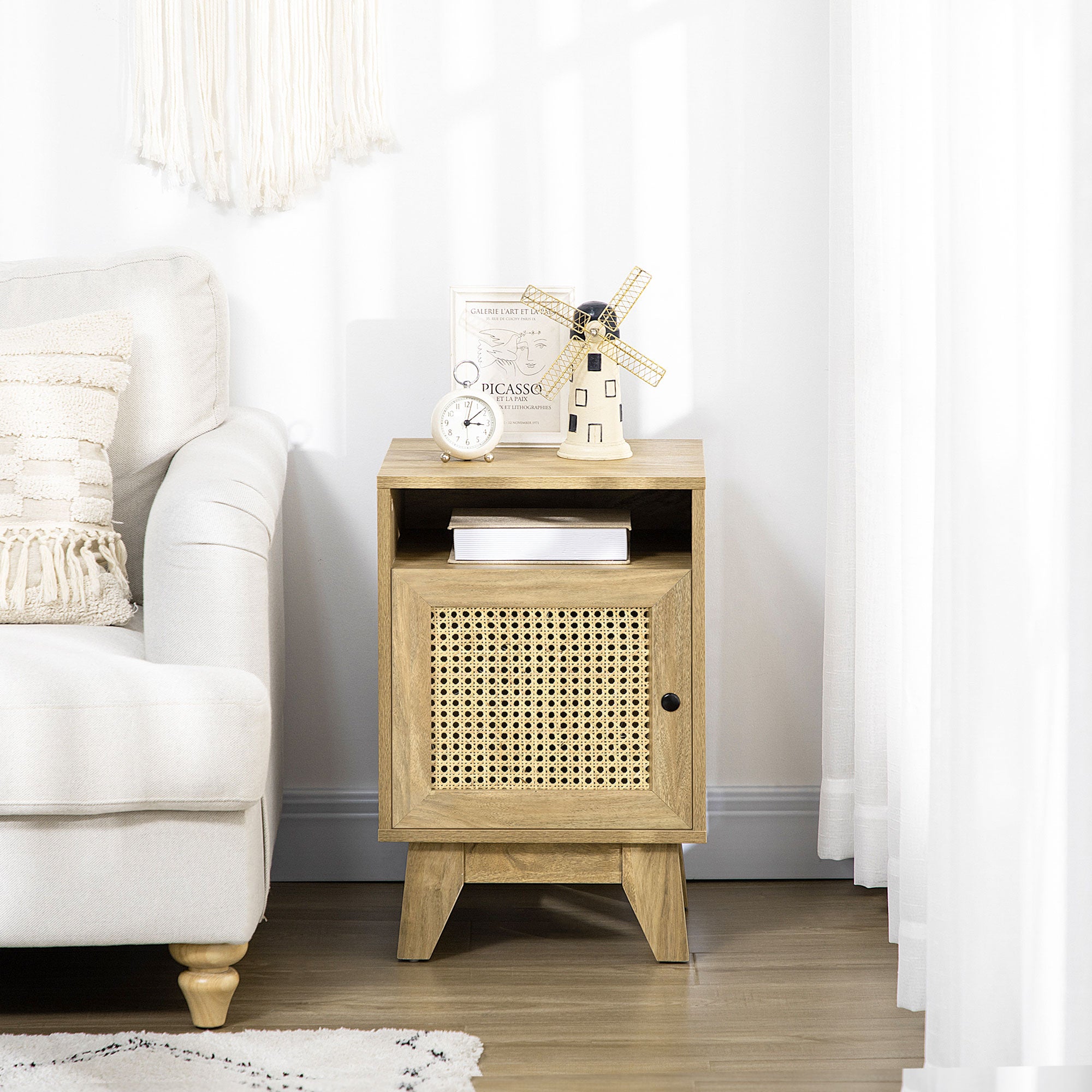 HOMCOM Narrow Rattan Nightstand, Side End Table with Shelf and Cupboard, 39cm x 35cm x 60cm, Natural